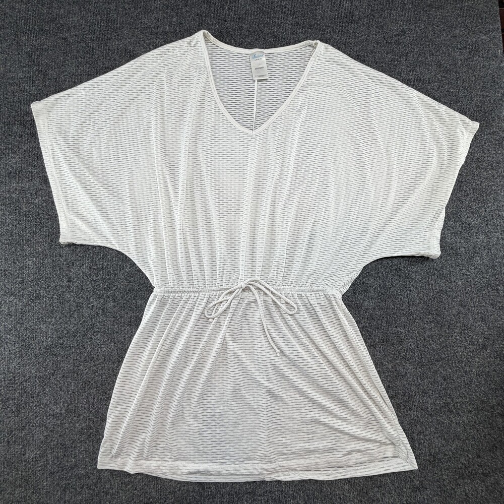 Catalina Swim Cover Up Womens Large White Sheer Stripe Drawstring Beach Tunic